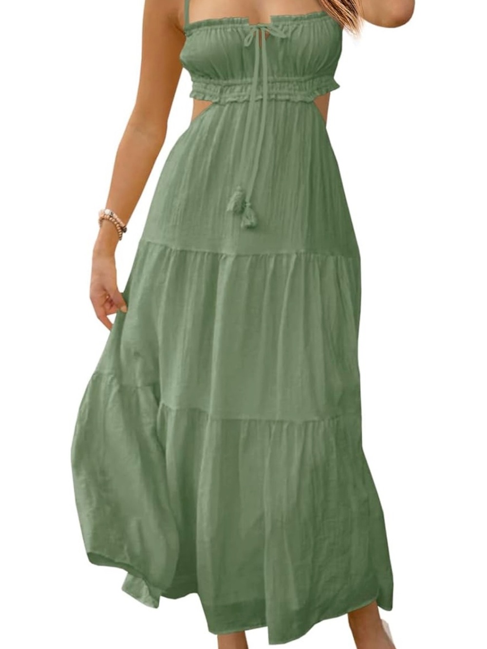 Amazon Olive Tiered Maxi Skirt with Drawstring Waist